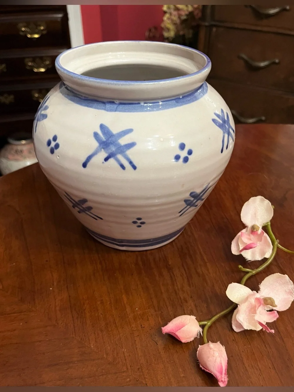 VTG Tury Studio Art Pottery Salt Glaze Vase Cobalt Blue Folk Art Pattern
